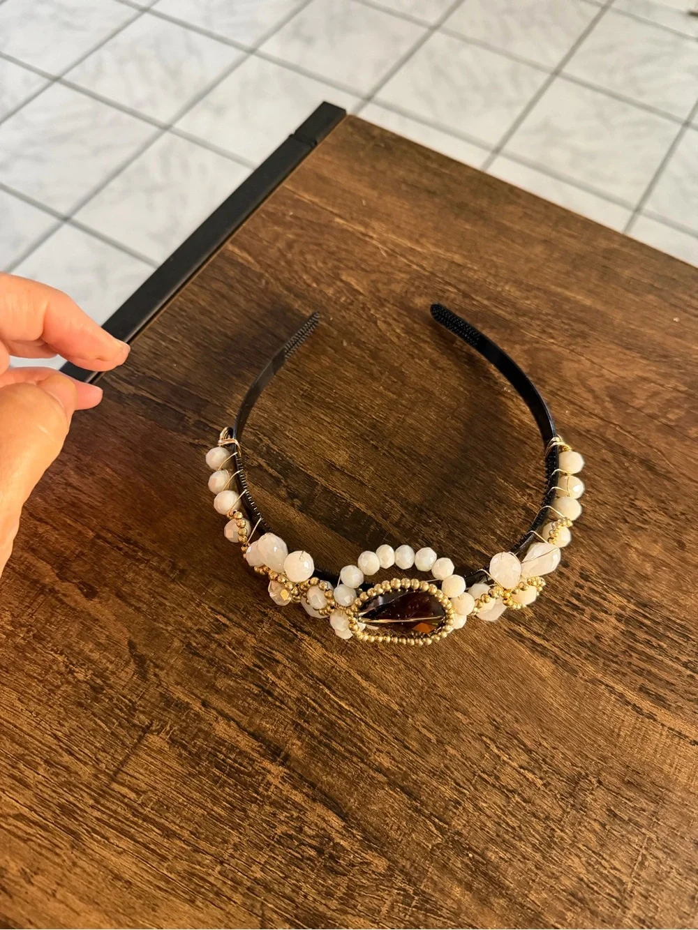 Embellished Black Headband with White Beads and Gold Accents